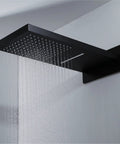 Slick Black Wall Mounted Thermostatic Shower System Featuring Heavy Duty Rainfall Head And Adjustable Handheld Sprayer No Fuss Push Button Switch For A Smooth Bathroom Game Changer, black rainfall head.