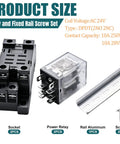 JQX-13FL 24V AC DPDT 8 Pin Relay with LED Indicator, base, rail, and screws shown