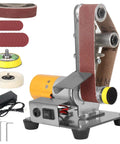 Mini Electric Belt Sander Knife Sharpener Bench Grinder With Polishing Wheel Sanding Belts And Pads showing sanding accessories and motor.