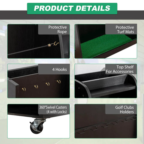 Get Your Golf Gear In Line With This Dope Wooden Bag Organizer On 360 Degree Wheels For The Garage, detail view of features.