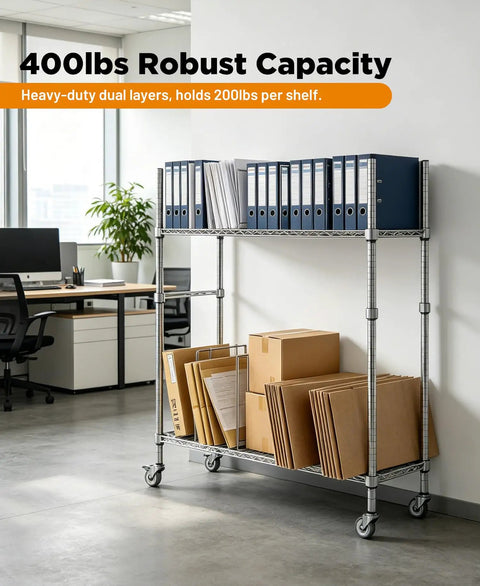 Heavy Duty Wire Carton Cart Rolls Smooth As Butter With Two Sturdy Shelves for office storage of files and boxes.