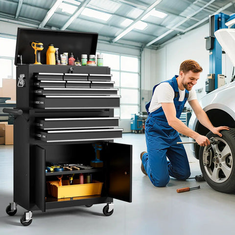 Heavy Duty 10 Drawer Rolling Tool Chest With Wheels, Lockable 2-in-1 Tool Box And Cart, black in auto garage