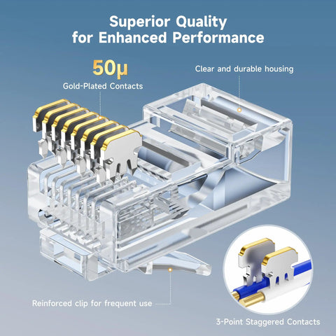 Cat6 Pass Through RJ45 Connectors 100 Pack Gold Plated 50 Micron For Solid Or Stranded UTP Ethernet Cable 23-24 AWG