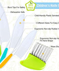 TAORISH 4-piece kids knife set with colorful plastic serrated blades and ergonomic handles; includes a mini sharpener