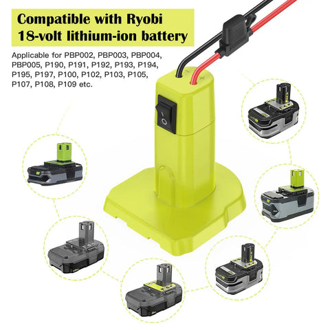 Ryobi 18V Battery Adapter For Power Wheels And DIY RC Cars, features and compatible batteries shown
