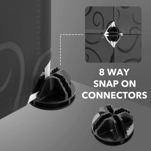 Close-up of 8-way snap connectors on modular wardrobe closet system with portable clothes rack and dresser, 12 cube cubby storage organizer.