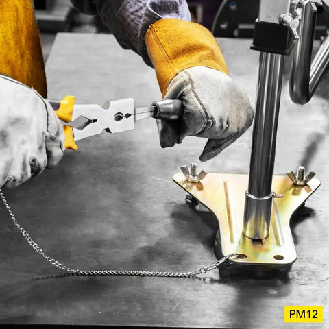Deluxe MIG Welding Pliers And Pro Grade Workhorse Tool Kit For Welders 8 Inch Pliers with retention chain in use on metal