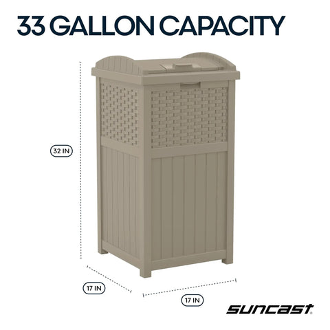 Hideaway Outdoor Trash Can With Lid 30 Gallon Decorative Wicker Style in dark taupe showing 33 gallon capacity dimensions
