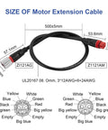 Diagram of Beefed Up E Bike Motor Extension Cable 70cm 27.5 Inch Waterproof Aluminum Connector 8mm Wire Outdoor Weather Resistant 1121AG 1121AM Compatible 3 Square Thread Heavy Duty Marine Grade Build with measurements and wiring details.