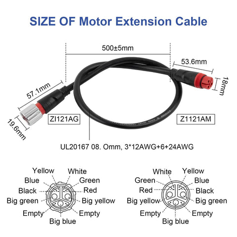 Diagram of Beefed Up E Bike Motor Extension Cable 70cm 27.5 Inch Waterproof Aluminum Connector 8mm Wire Outdoor Weather Resistant 1121AG 1121AM Compatible 3 Square Thread Heavy Duty Marine Grade Build with measurements and wiring details.