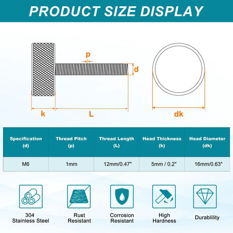 Rock Solid M6 X 12mm Knurled Thumb Screws Made From Hella Durable 304 Stainless Steel With Slick Diamond Grip Heads size display diagram