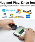 Hands connecting Plug And Play SATA To USB 3.0 External Adapter Cable For 2.5 Inch And 3.5 Inch HDD And SSD with power to a hard drive