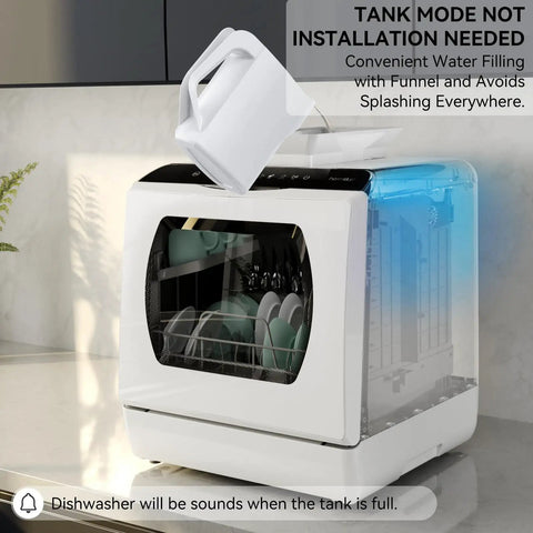 Slick Portable Countertop Dishwasher For Apartments And Rvs sporting a water tank and easy fill funnel on countertop.