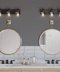 Calhoun Collection Clear Glass Farmhouse Bath Vanity Light Three Light Antique Bronze Finish with vintage charm above mirrors