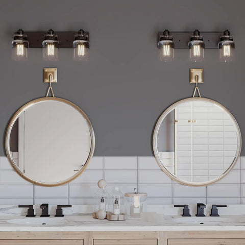Calhoun Collection Clear Glass Farmhouse Bath Vanity Light Three Light Antique Bronze Finish with vintage charm above mirrors