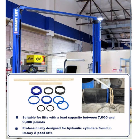Front view of blue Rotary Lift two-post lift; inset shows blue/black seal kit components and installed cylinder seal.