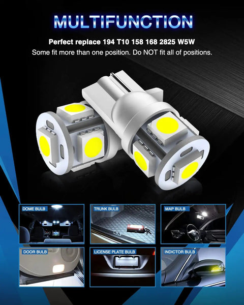 Upgrade Your Ride With 194 LED Bulbs Pack Of 10 6000K White T10 2825 W5W 5SMD Replacement Car Dome Map Door Courtesy Lights