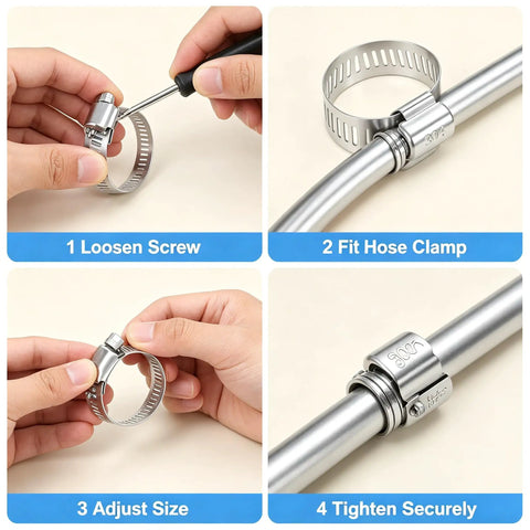 Dude, grab this killer 40 piece stainless steel hose clamp kit covering 1/4 inch to 1-1/2 inch sizes perfect for fixing your fuel line, plumbing jobs, garden hose, or any tube work without worrying about rust or corrosion ever again. Stainless hose clamp on tube, shown tightening and securing fit.
