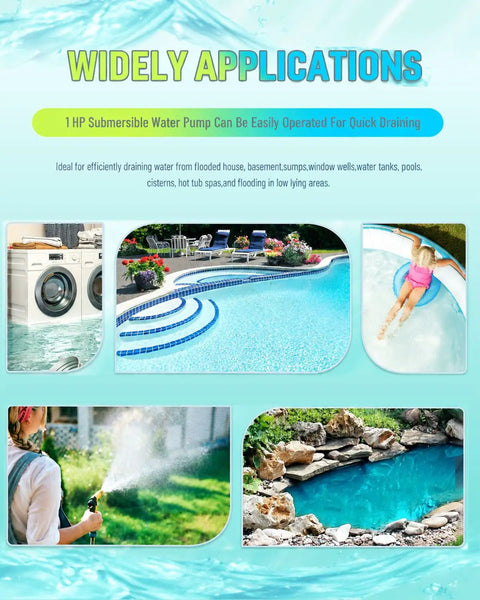 Heavy Boss Level 1HP Submersible Sump Pump, 3700 GPH Water Moving Workhorse, 16.4 Ft Power Cord in various water draining scenarios.