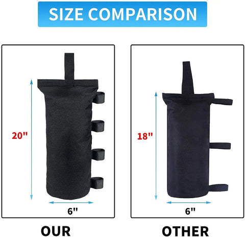 Size comparison of Beefy Heavy Duty Canopy Weight Bags Set of 4 for Pop Up Tents 30 Lbs Capacity Per Bag 1680D Waterproof Sand Bags
