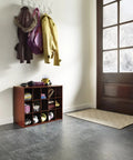 Entryway with 15 Cube Stackable Storage Organizer For Shoes, Bags, Crafts, And Small Gear with Wood Shelves, Dark Cherry Finish