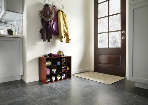 Entryway with 15 Cube Stackable Storage Organizer For Shoes, Bags, Crafts, And Small Gear with Wood Shelves, Dark Cherry Finish