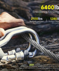 Close-up of 1/4 inch stainless steel cable with clamps, thimble; text showing 6400 lbs breaking strength and load limits.