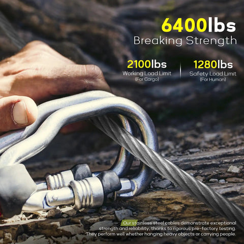 Close-up of 1/4 inch stainless steel cable with clamps, thimble; text showing 6400 lbs breaking strength and load limits.