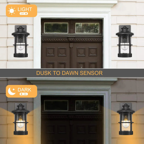 Outdoor Wall Sconces Dusk To Dawn Black Finish Seeded Glass Exterior Wall Mount Lighting 2 Pack showcasing day and night look