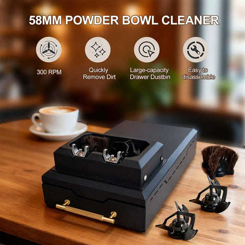 Electric Coffee Grounds Cleaner Knock Box For Swift 58mm Portafilter Cleanout With Dual Scrapers And Durable Brush Kit To Toss Pucks No Sweat For Pros Or Home Bars on wooden table with coffee.