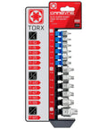 12 Piece Torx Stubby Low Profile Socket Set T10 Through T60 In S2 Steel With Dual Drive Internal Square And External Hex For Tight Space