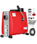 Heavy Duty Handheld Electric Drain Auger Kicks Serious Sink And Toilet Plug Ups Fast With Six Swappable Cutters To Bust Through Nasty Pipe Clogs Effortlessly Today with red housing and multiple attachments.