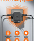 UK Travel Power Adapter Type G With 4 Outlets And 3 USB Ports USB C 7 In 1 International Travel Plug Converter with safety features.