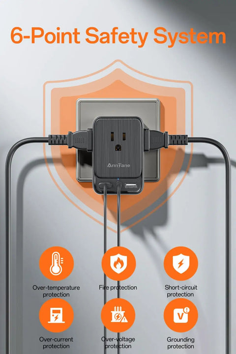 UK Travel Power Adapter Type G With 4 Outlets And 3 USB Ports USB C 7 In 1 International Travel Plug Converter with safety features.