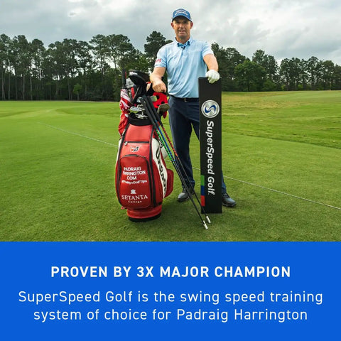 Golfer on green with bag and Golf Swing Speed Trainer System To Get Longer Drives Through Overspeed Training With CNC Milled Weighted Sticks