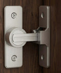 Heavy Duty Zinc Alloy Barn Door Lock Latch With 90 Degree Turn For Easy Operation mounted on wooden surface, nickel finish