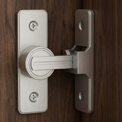 Heavy Duty Zinc Alloy Barn Door Lock Latch With 90 Degree Turn For Easy Operation mounted on wooden surface, nickel finish