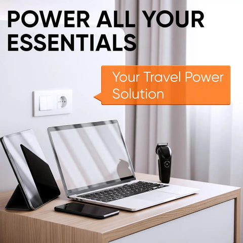 Laptop, tablet, phone, and shaver on table demonstrating Global Travel Plug Adapter To USA Type B Grounded 3 Prong Wall Plug Converter Use
