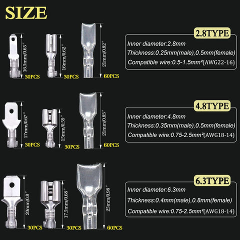 Assorted 2.8/4.8/6.3 mm quick-splice spade connectors with insulation sleeves; 30/30/60 pcs for car audio wiring