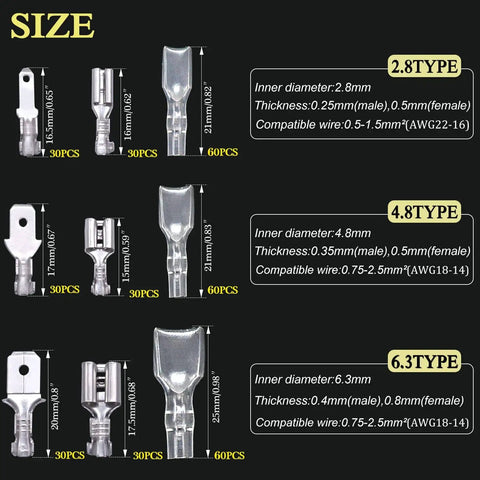 360 Piece Quick Splice Wire Spade Connector Kit 2.8mm 4.8mm 6.3mm Male and Female Crimp Terminals with size details.