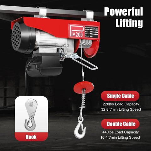 Electric Hoist With Remote Control 110V Winch Lift for Factories Warehouses and Construction Sites, close-up view of hook and cable