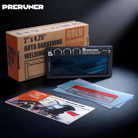 Auto Darkening Welding Lens With Gold Coating And Cool Blue Puddle View Shade Range Five To Thirteen Dual Sensors 0.01 Millisecond Darkening Sensitivity And Delay Adjustable Safe Eye Protection For Pro Welders with packaging and manuals.