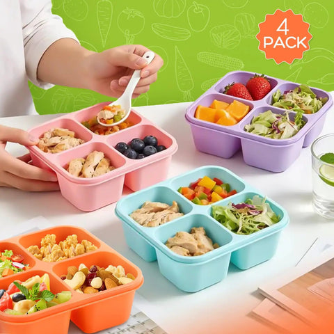 Four Compartment Bento Lunch Box Pack For Meal Prep, BPA Free Wheat Straw Lunch Boxes in multiple colors with food inside.