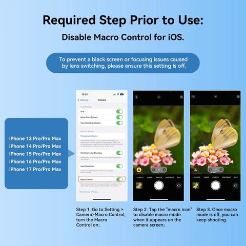Instructions for disabling macro control for Smartphone Macro Lens With Five Element Glass Coated Optics on iPhone