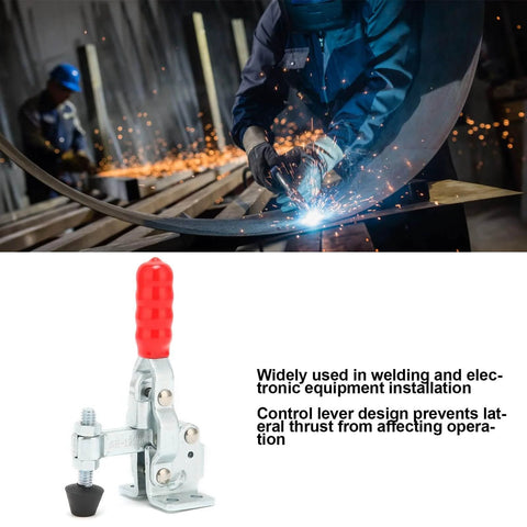 Quick Release Toggle Clamp For Drill Press And Woodworking Jigs And Fixtures Vertical Clamp For Precise Hands Free Setup And Welding Tasks Built Tough Durable Construction Easy One Hand Operation High Efficiency, with red ergonomic grip, shown in a metalworking environment.