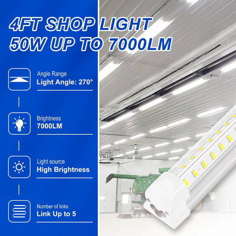 V Shaped 4-Foot LED Shop Lights 50W 6500K Daylight 7000LM Linkable Garage Warehouse Workbench Lighting with Clear Cover