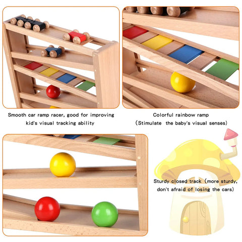 Wooden Race Track Ramp Toy For Toddlers 5 Level Car Ramp Set with multicolored tracks, 4 wood cars, and colorful balls shown