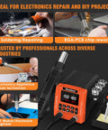 2-In-1 Soldering Station And Hot Air Rework Kit With Dual Channel Control displayed with usage examples and accessories.