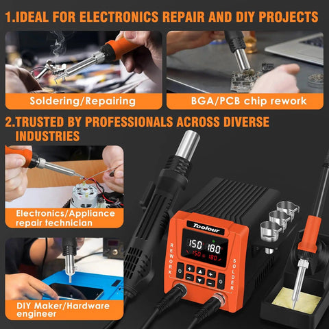 2-In-1 Soldering Station And Hot Air Rework Kit With Dual Channel Control displayed with usage examples and accessories.