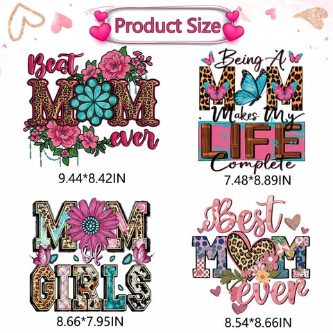 Four Pack Iron On Transfers For T Shirts DTF Ready To Press Easy To Apply With Any Home Iron Or Heat Press Floral Mama Leopard Print Designs For Clothes Pillows Bags And DIY Crafts Assorted Sizes with "Best MOM ever" and "Being A MOM makes my LIFE complete" designs